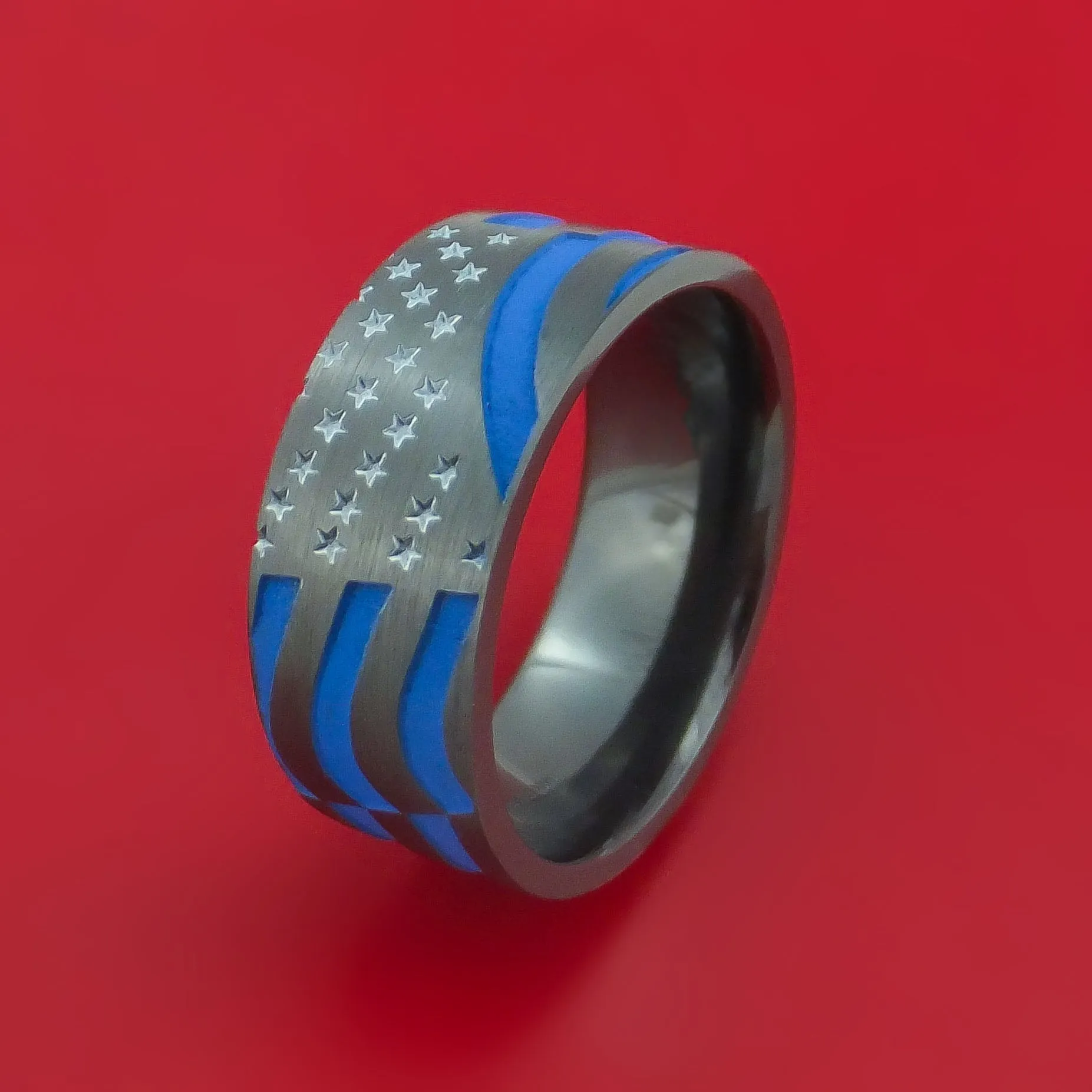 Black Zirconium Ring with United States Flag Stars and Stripes Laser-Etched Pattern and Cerakote Inlays Custom Made Band