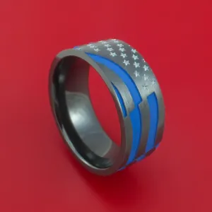 Black Zirconium Ring with United States Flag Stars and Stripes Laser-Etched Pattern and Cerakote Inlays Custom Made Band