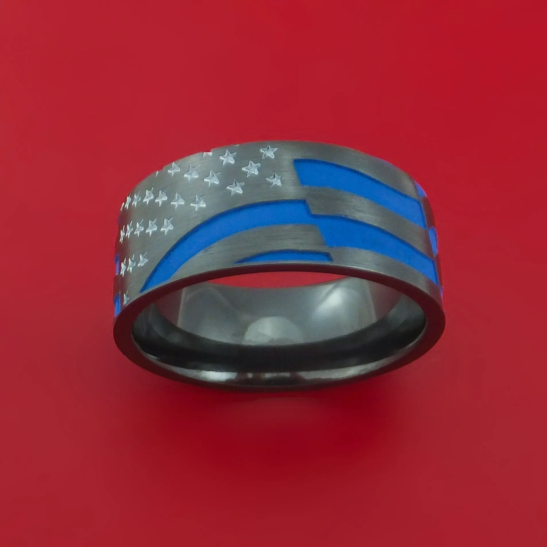 Black Zirconium Ring with United States Flag Stars and Stripes Laser-Etched Pattern and Cerakote Inlays Custom Made Band