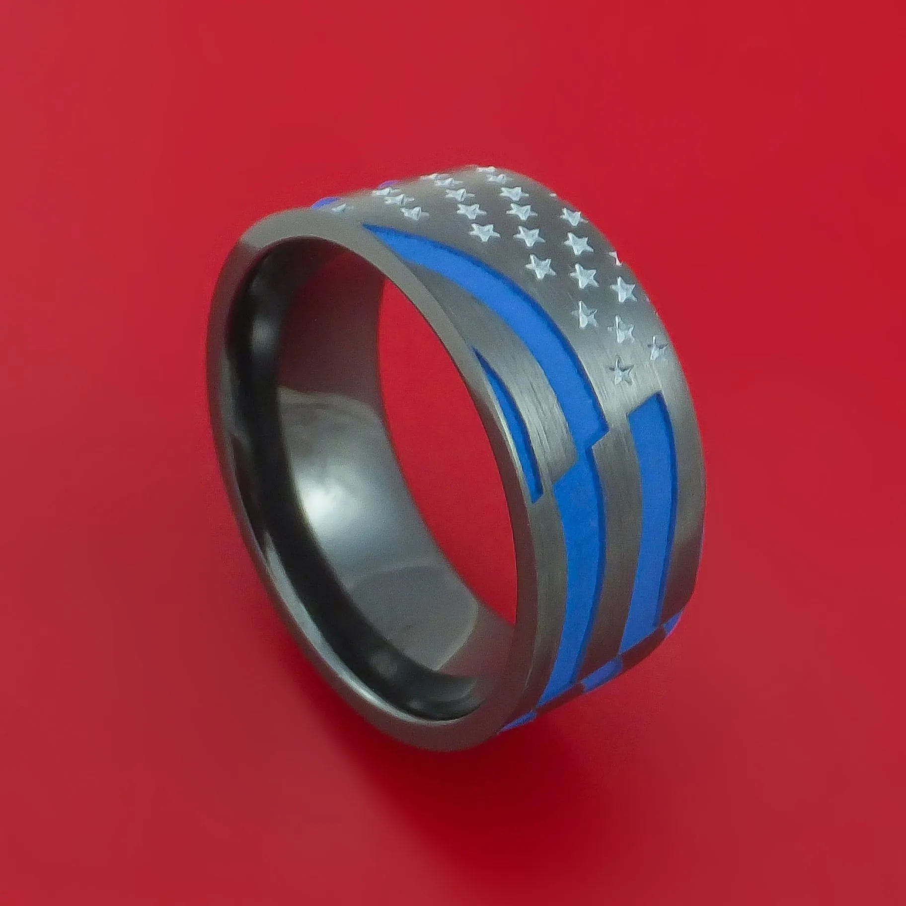 Black Zirconium Ring with United States Flag Stars and Stripes Laser-Etched Pattern and Cerakote Inlays Custom Made Band