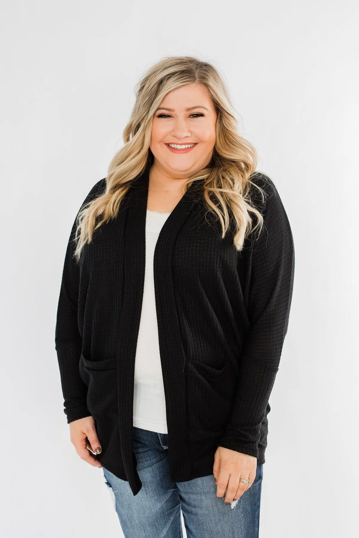 Break Free Waffle Knit Cardigan- Black