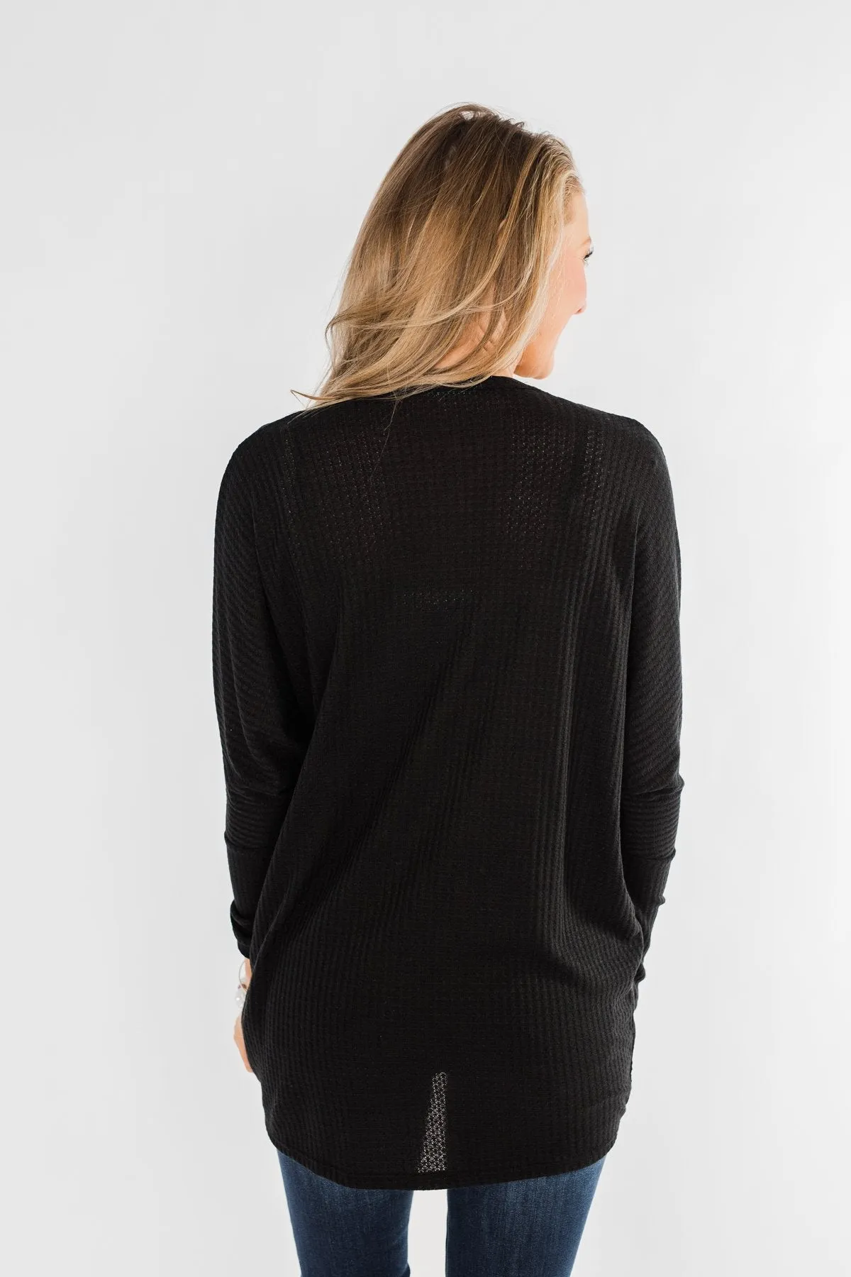 Break Free Waffle Knit Cardigan- Black