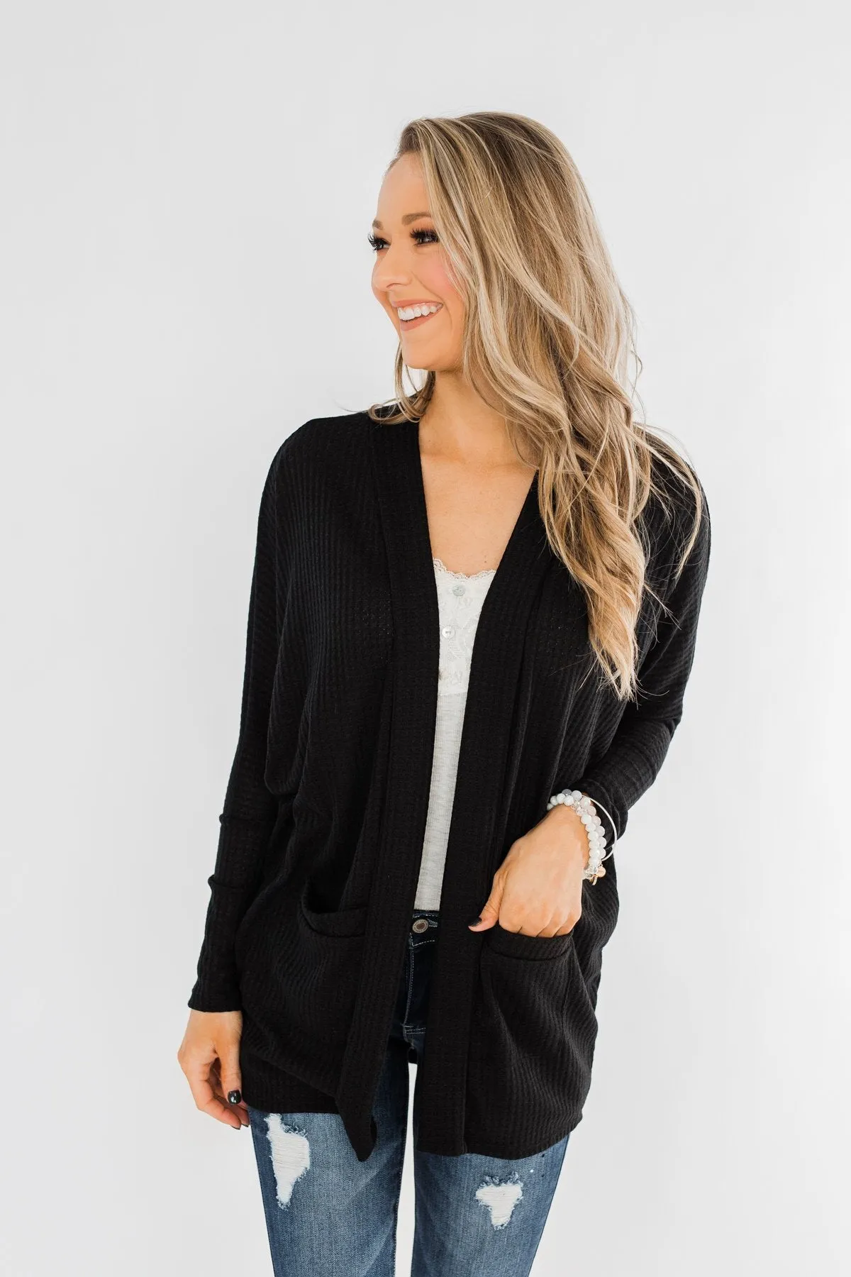 Break Free Waffle Knit Cardigan- Black