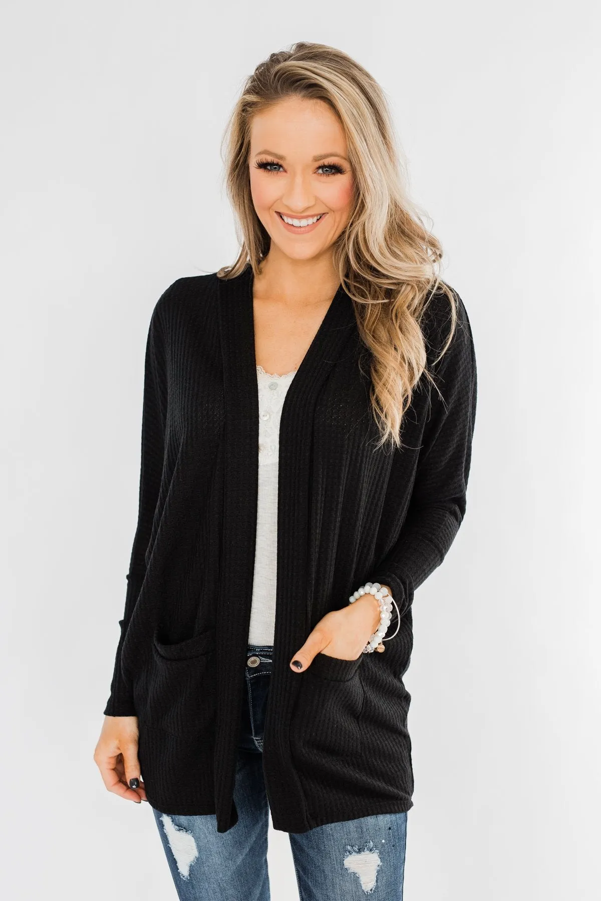 Break Free Waffle Knit Cardigan- Black