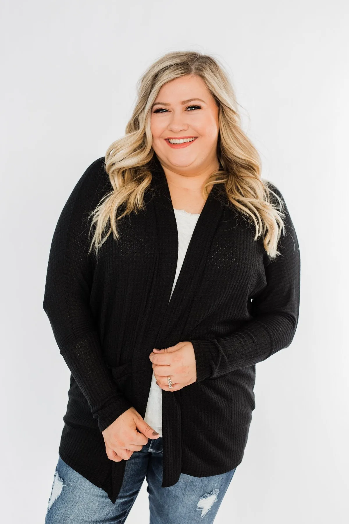 Break Free Waffle Knit Cardigan- Black