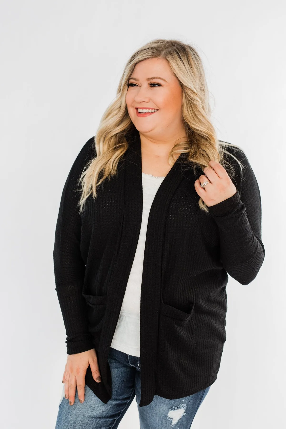 Break Free Waffle Knit Cardigan- Black
