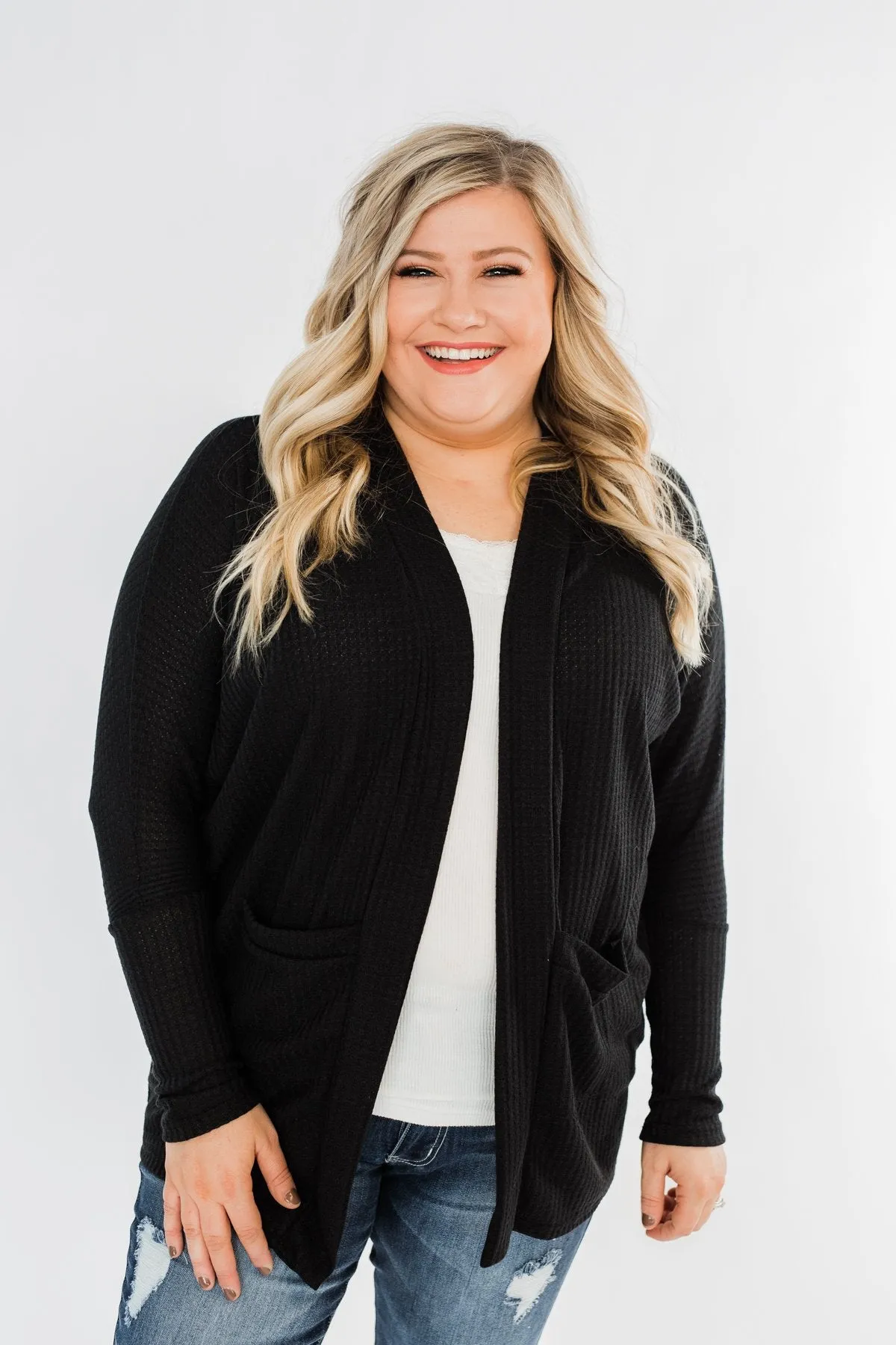 Break Free Waffle Knit Cardigan- Black