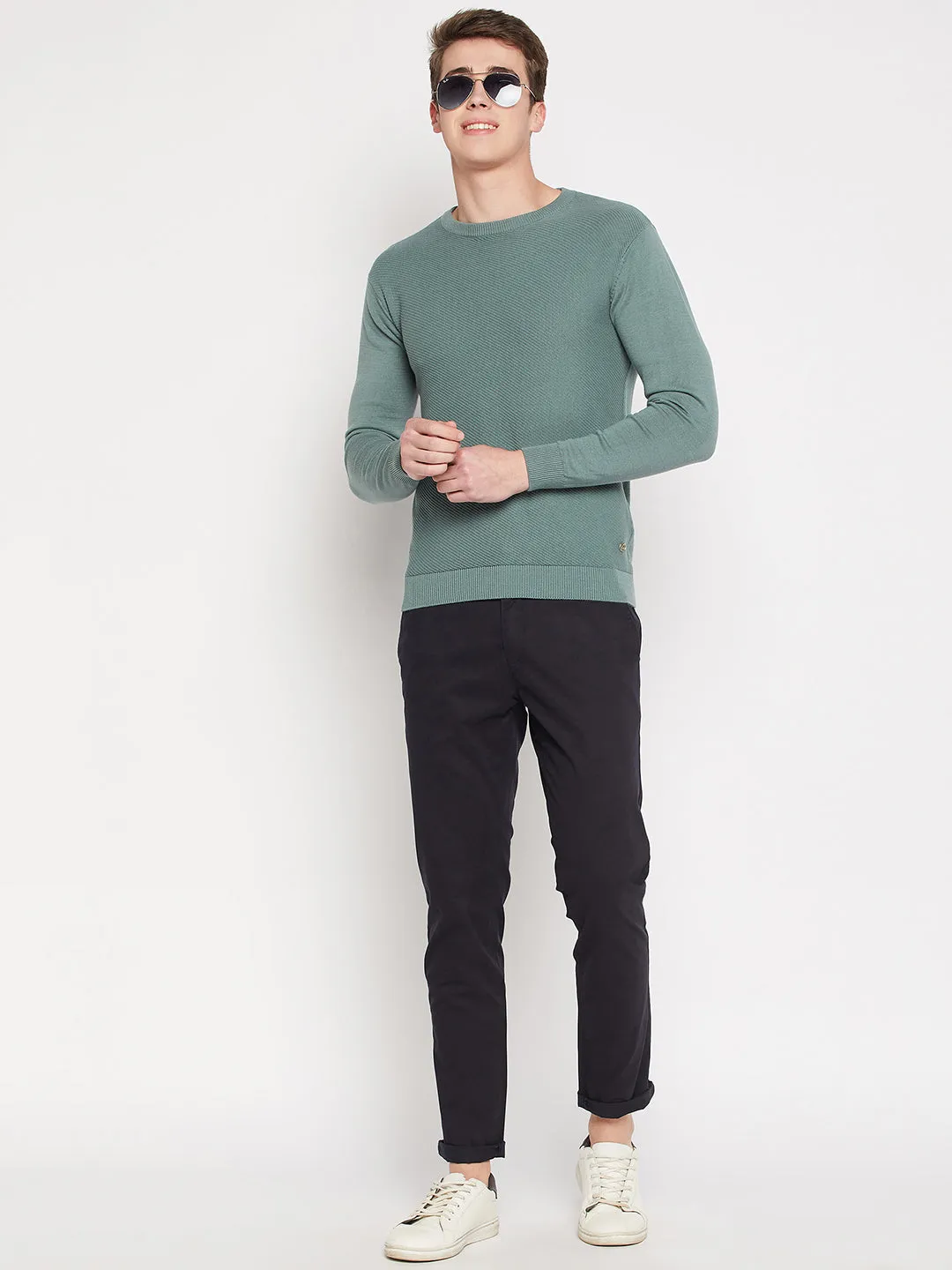 Camla Barcelona Crew Neck Teal Green Sweater For Men
