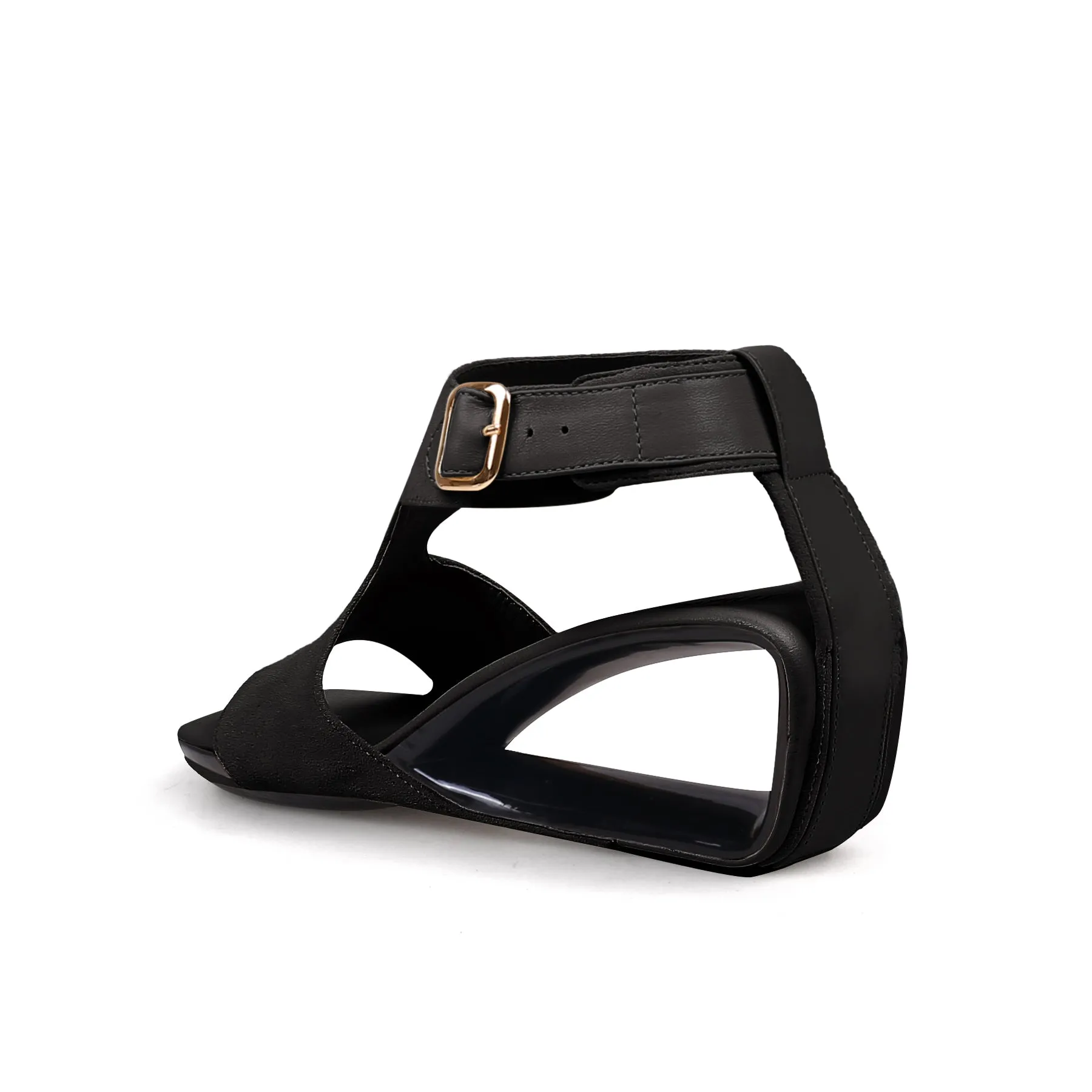 Cut-Out Peep Toe Suede Wedge Sandal - Black