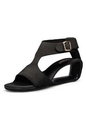 Cut-Out Peep Toe Suede Wedge Sandal - Black