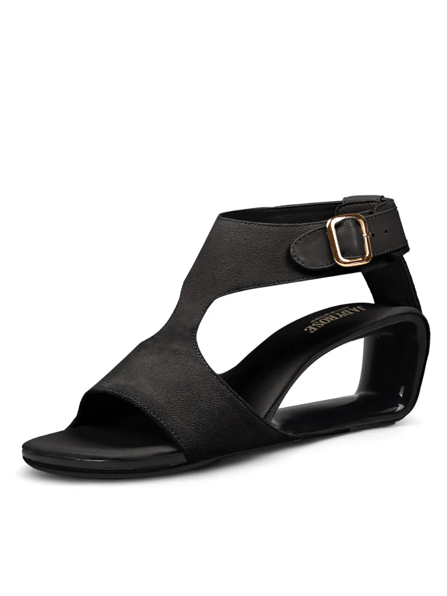 Cut-Out Peep Toe Suede Wedge Sandal - Black