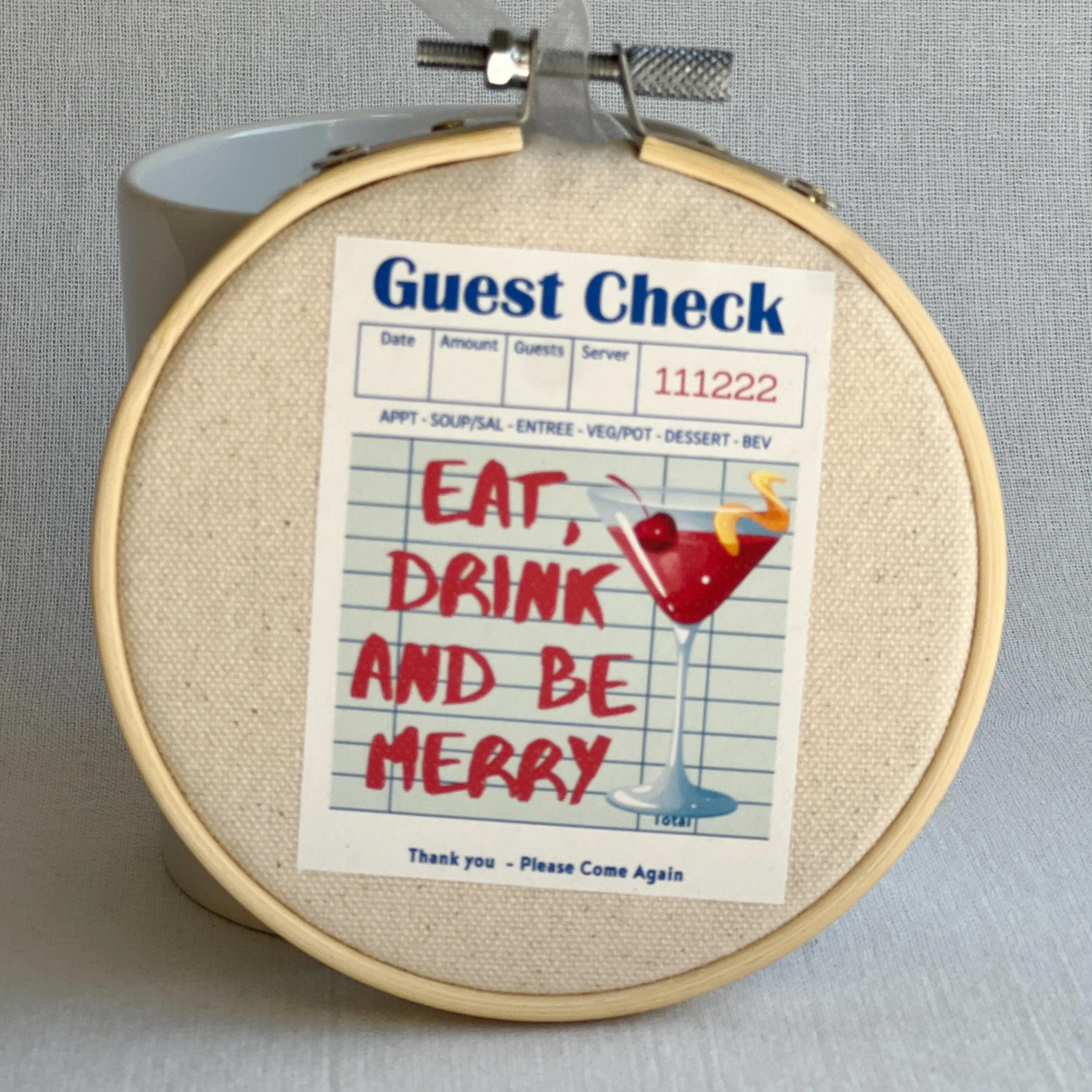 Eat Drink and Be Merry - Guest Check Hoop Art Ornament