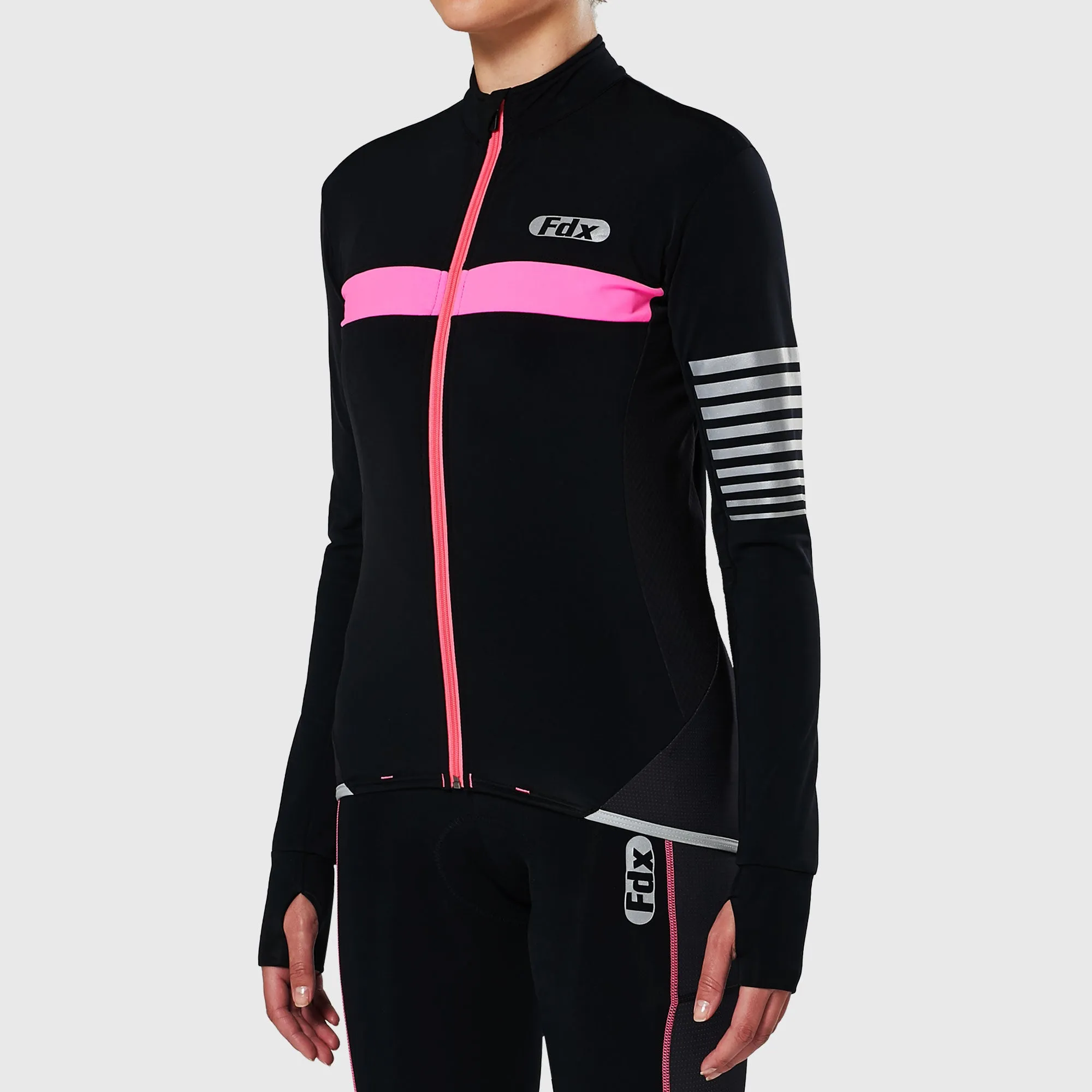 Fdx All Day Women's & Girl's Pink Thermal Roubaix Long Sleeve Cycling Jersey