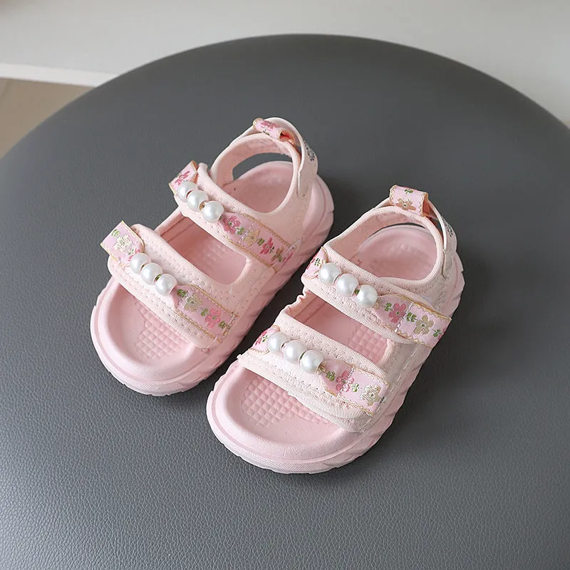 FLORAL PRINTED PEARL APPLIQUE SANDAL - PINK
