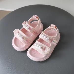 FLORAL PRINTED PEARL APPLIQUE SANDAL - PINK