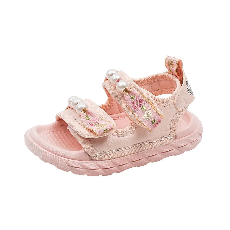 FLORAL PRINTED PEARL APPLIQUE SANDAL - PINK