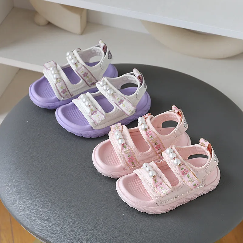 FLORAL PRINTED PEARL APPLIQUE SANDAL - PINK