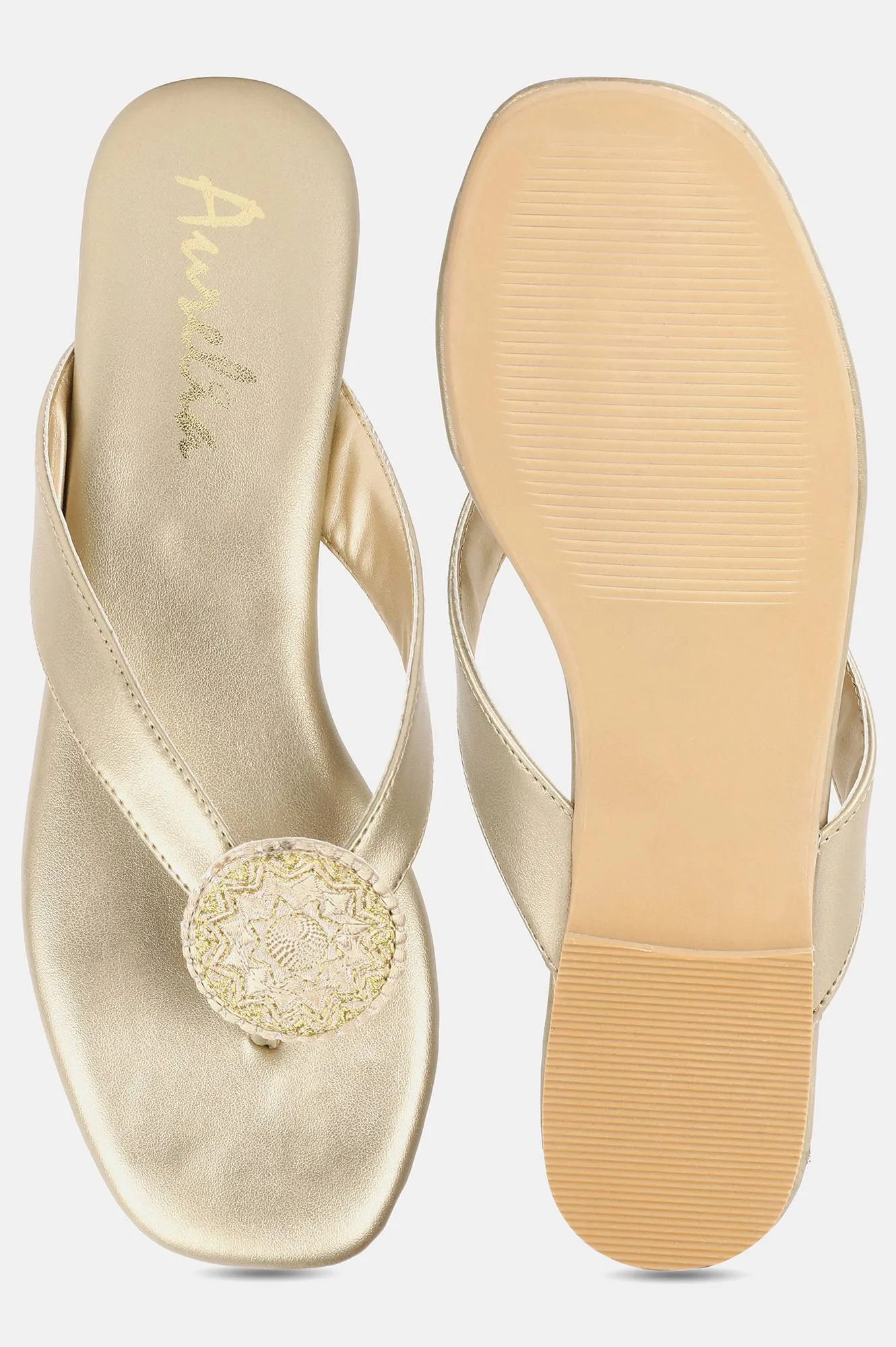 Gold Square Toe Embroidered Flat - ZDominique