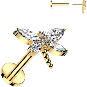 Gold Tone Surgical Steel Flat Back Earring - 18 Gauge With Cubic Zirconia Dragonfly