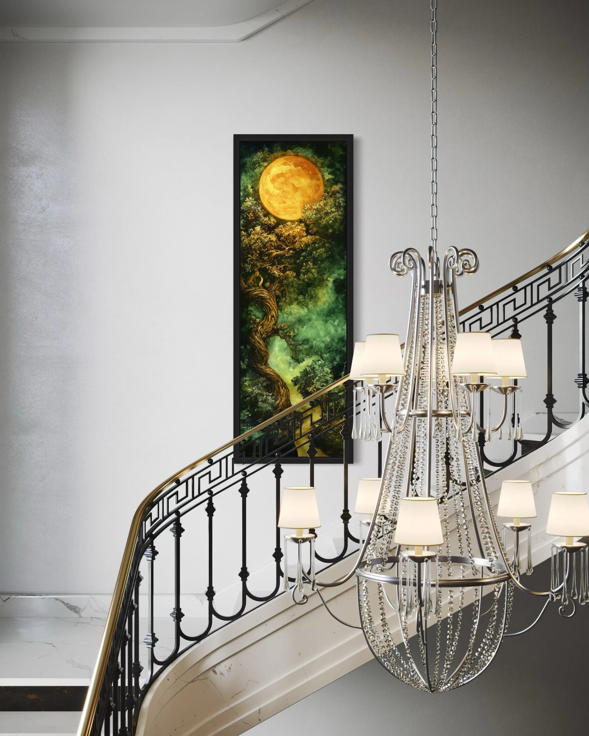 Green Celtic Tree Of Life And Moon Tall Narrow Vertical Framed Canvas Wall Art