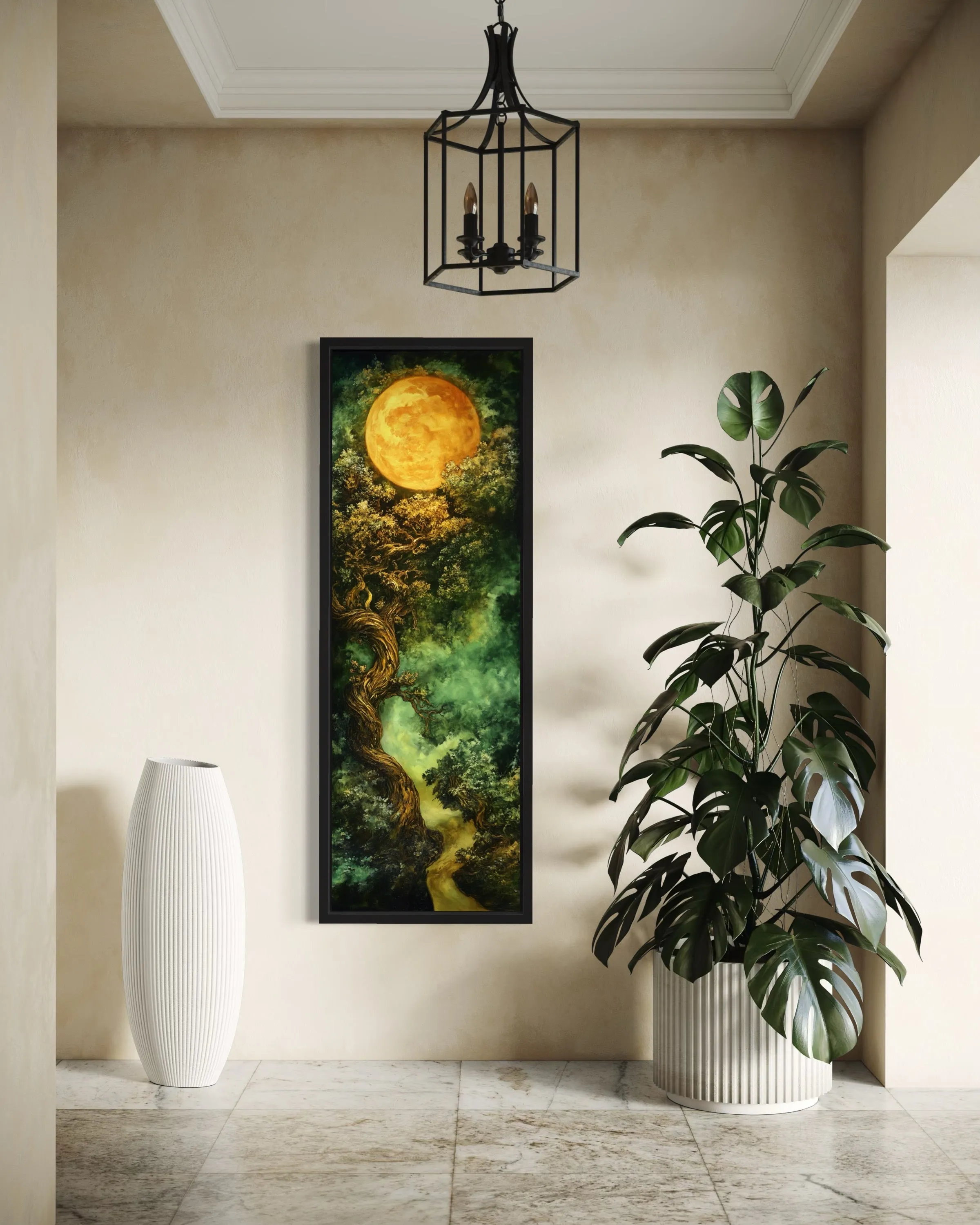 Green Celtic Tree Of Life And Moon Tall Narrow Vertical Framed Canvas Wall Art