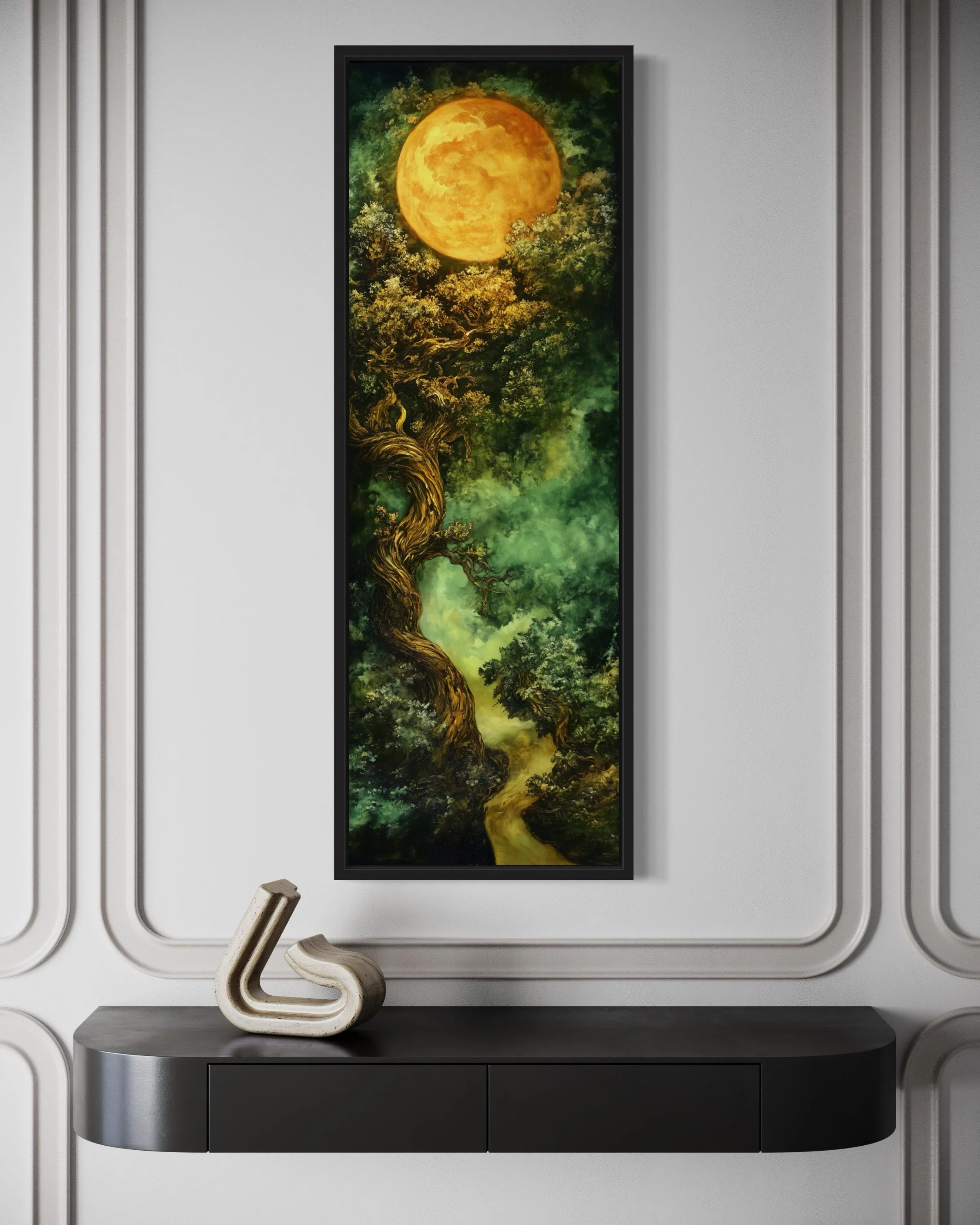 Green Celtic Tree Of Life And Moon Tall Narrow Vertical Framed Canvas Wall Art