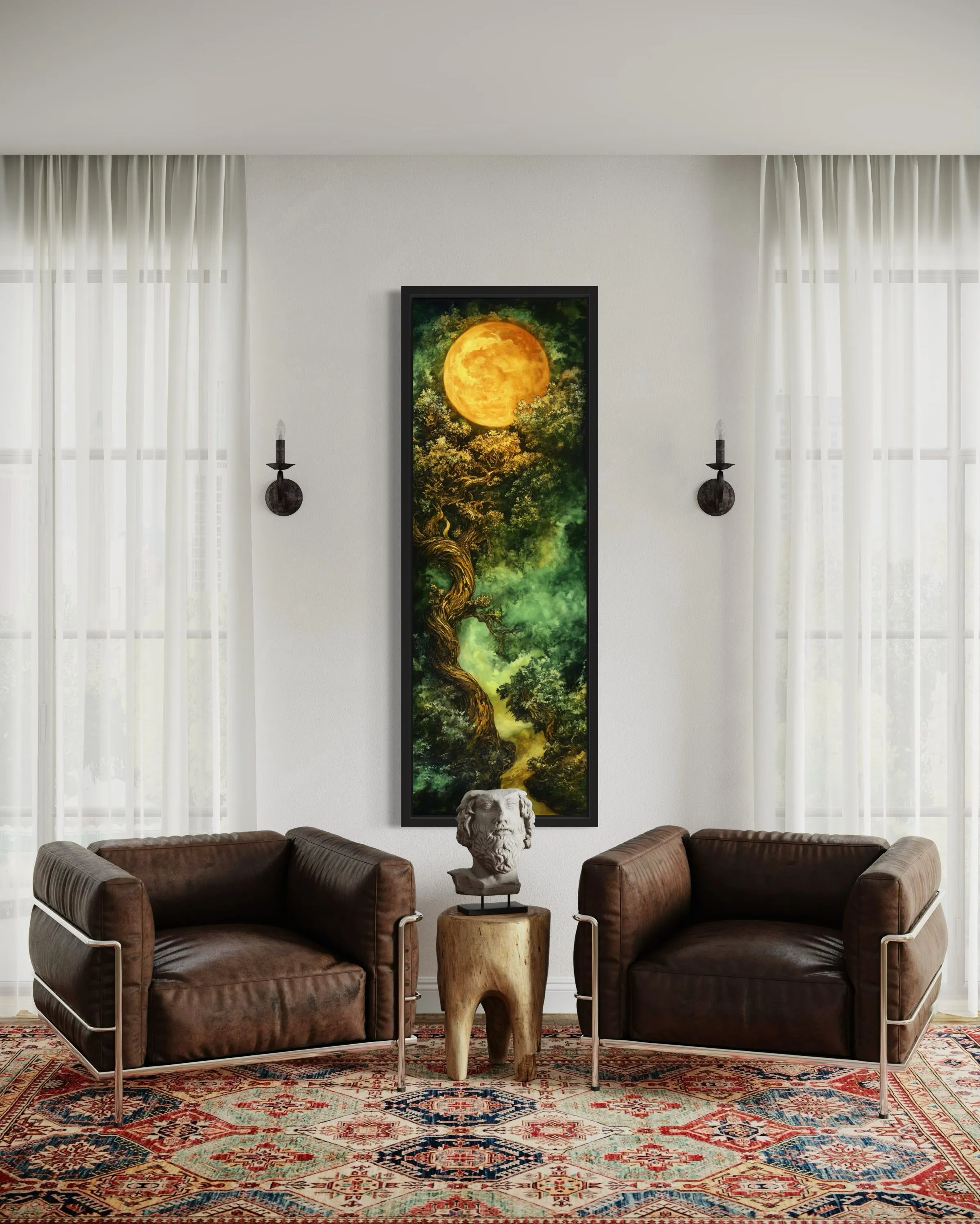 Green Celtic Tree Of Life And Moon Tall Narrow Vertical Framed Canvas Wall Art