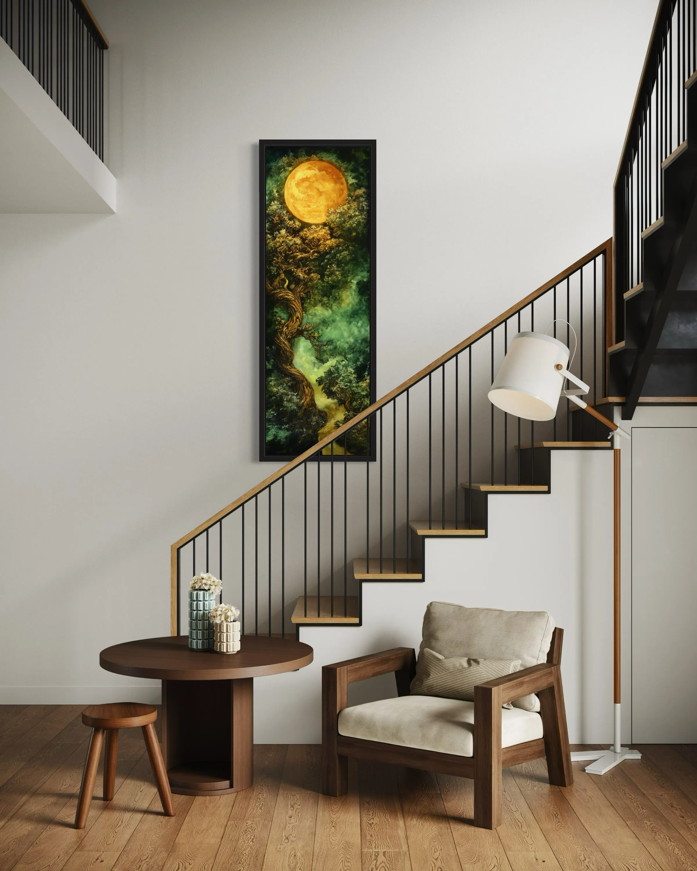Green Celtic Tree Of Life And Moon Tall Narrow Vertical Framed Canvas Wall Art