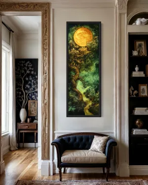 Green Celtic Tree Of Life And Moon Tall Narrow Vertical Framed Canvas Wall Art