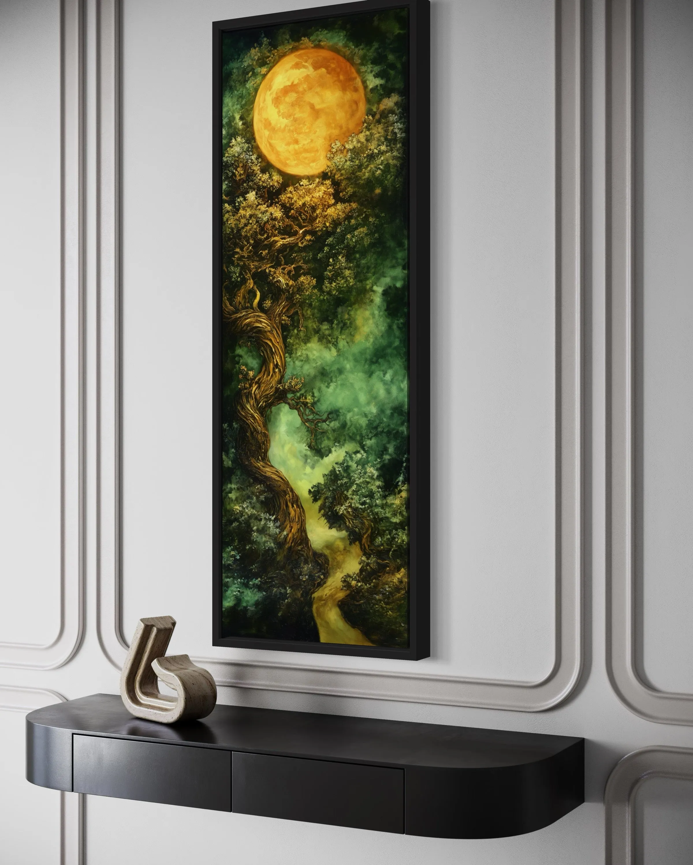 Green Celtic Tree Of Life And Moon Tall Narrow Vertical Framed Canvas Wall Art
