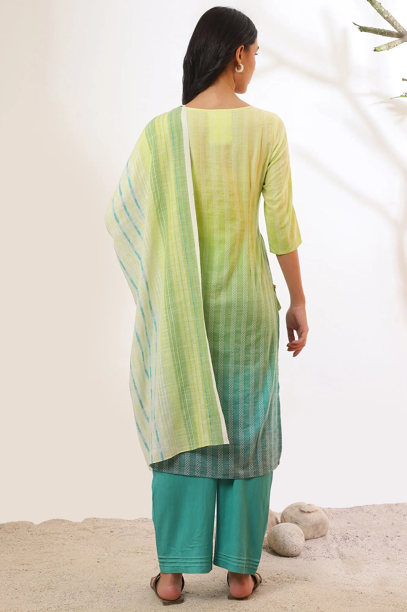 Green Yarn Dyed Pure Cotton Straight Kurta with Palazzo & Dupatta Set