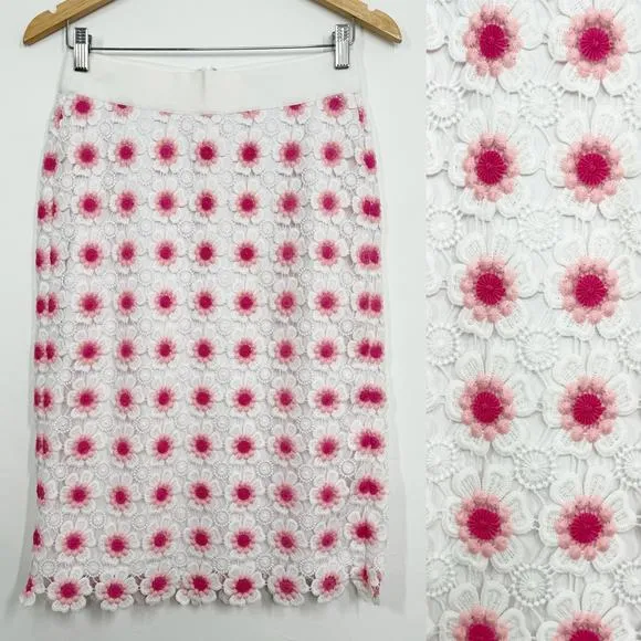 J. Crew Womens Crochet Lace Pencil Skirt Size 0 Floral Pink White Preppy NWT