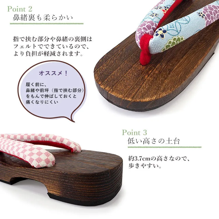 Japanese Women's Wooden Geta Sandals, Size M, Traditional with Chrysanthemum straps, Light blue