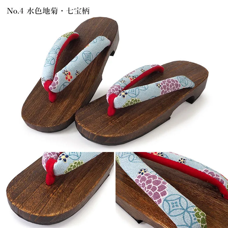 Japanese Women's Wooden Geta Sandals, Size M, Traditional with Chrysanthemum straps, Light blue