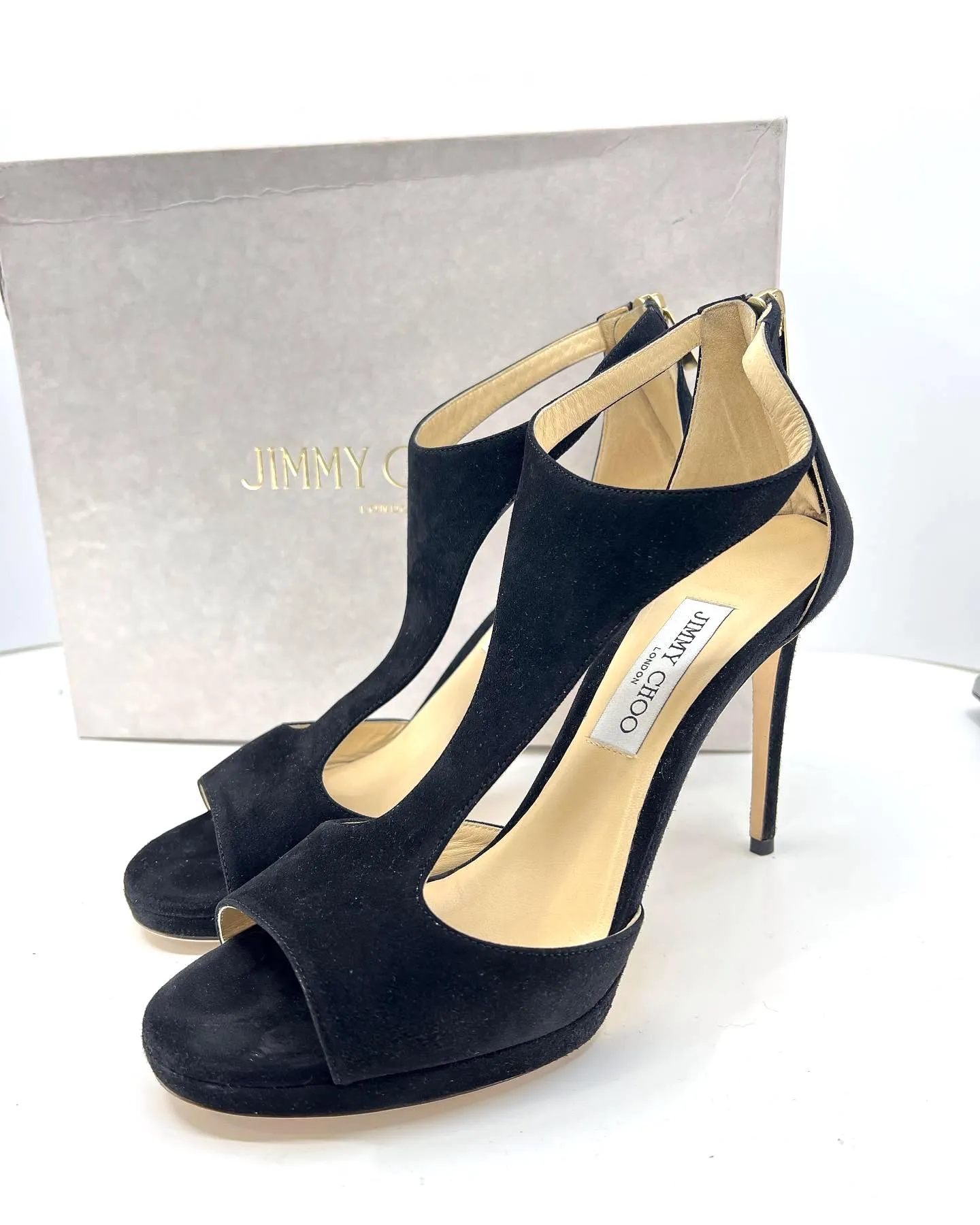 JIMMY CHOO LANA T BAR 100 SUEDE SANDALS