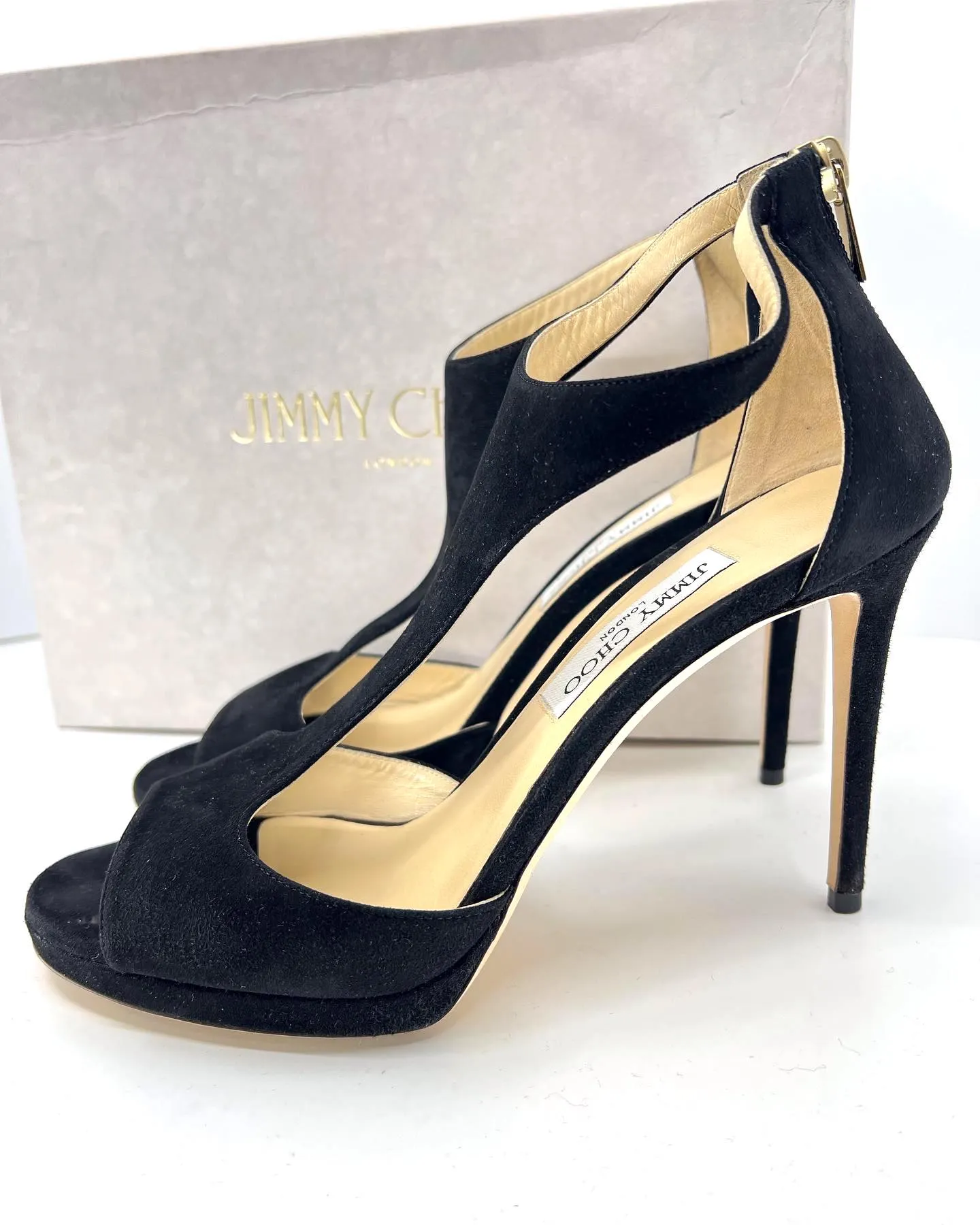 JIMMY CHOO LANA T BAR 100 SUEDE SANDALS