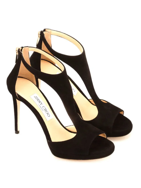 JIMMY CHOO LANA T BAR 100 SUEDE SANDALS