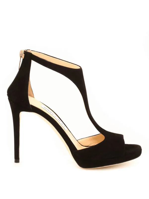 JIMMY CHOO LANA T BAR 100 SUEDE SANDALS