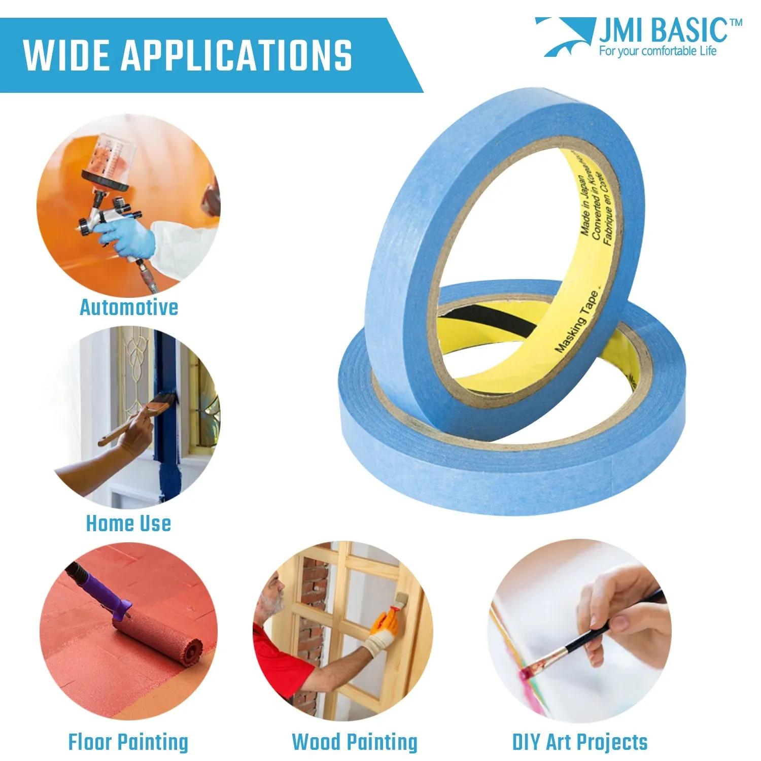 JMIBASIC Masking Tape Washi Paper - 1 Inch (24mm) x Multi Pack, Blue Painters Tape for Delicate Surfaces