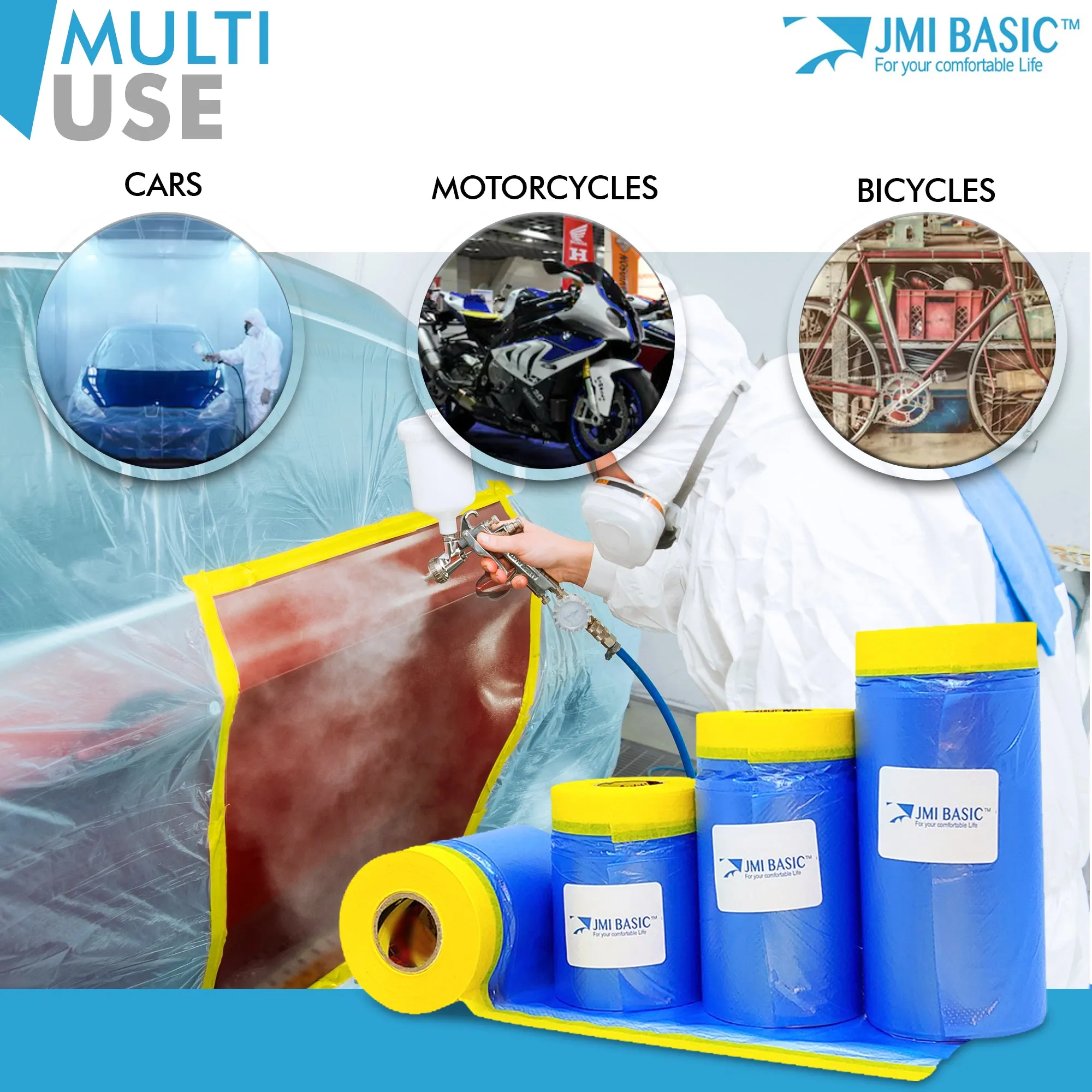 JMIBASIC Pre taped Masking Paper - Painters Plastic Sheeting Paint Tape for Auto body