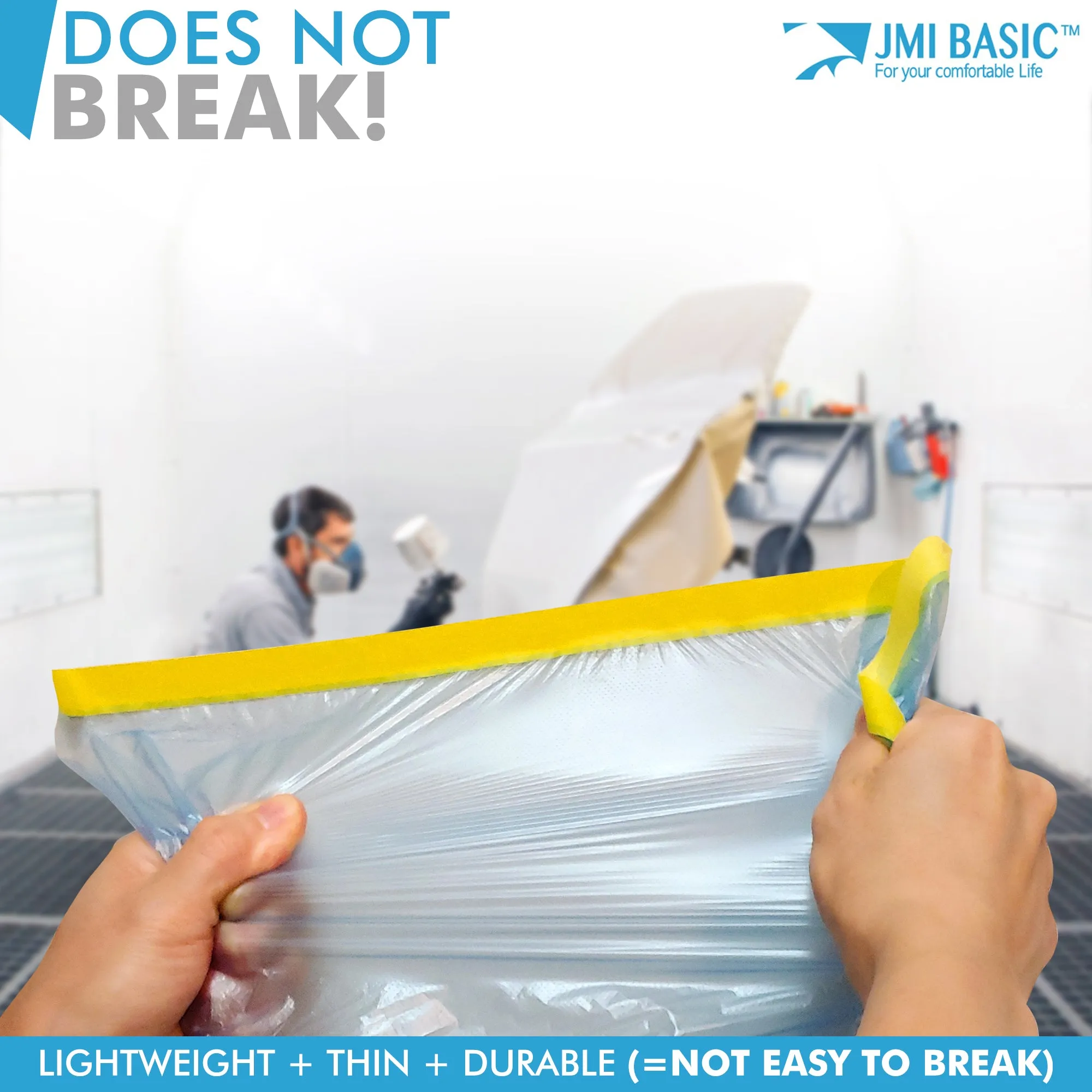 JMIBASIC Pre taped Masking Paper - Painters Plastic Sheeting Paint Tape for Auto body