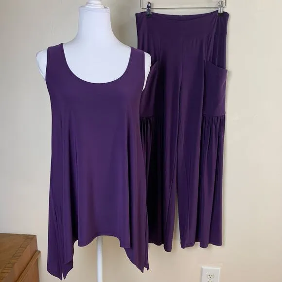 Last Tango Med 2-Piece Slinky Tank Top &amp; Pull On Pants Purple Stretch Made USA