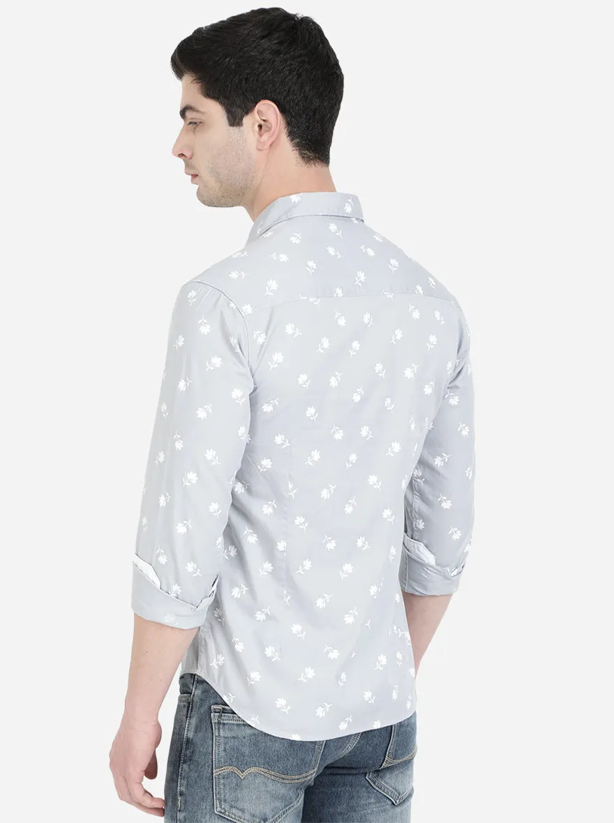 Light Grey Printed Slim Fit Semi Casual Shirt | Greenfibre