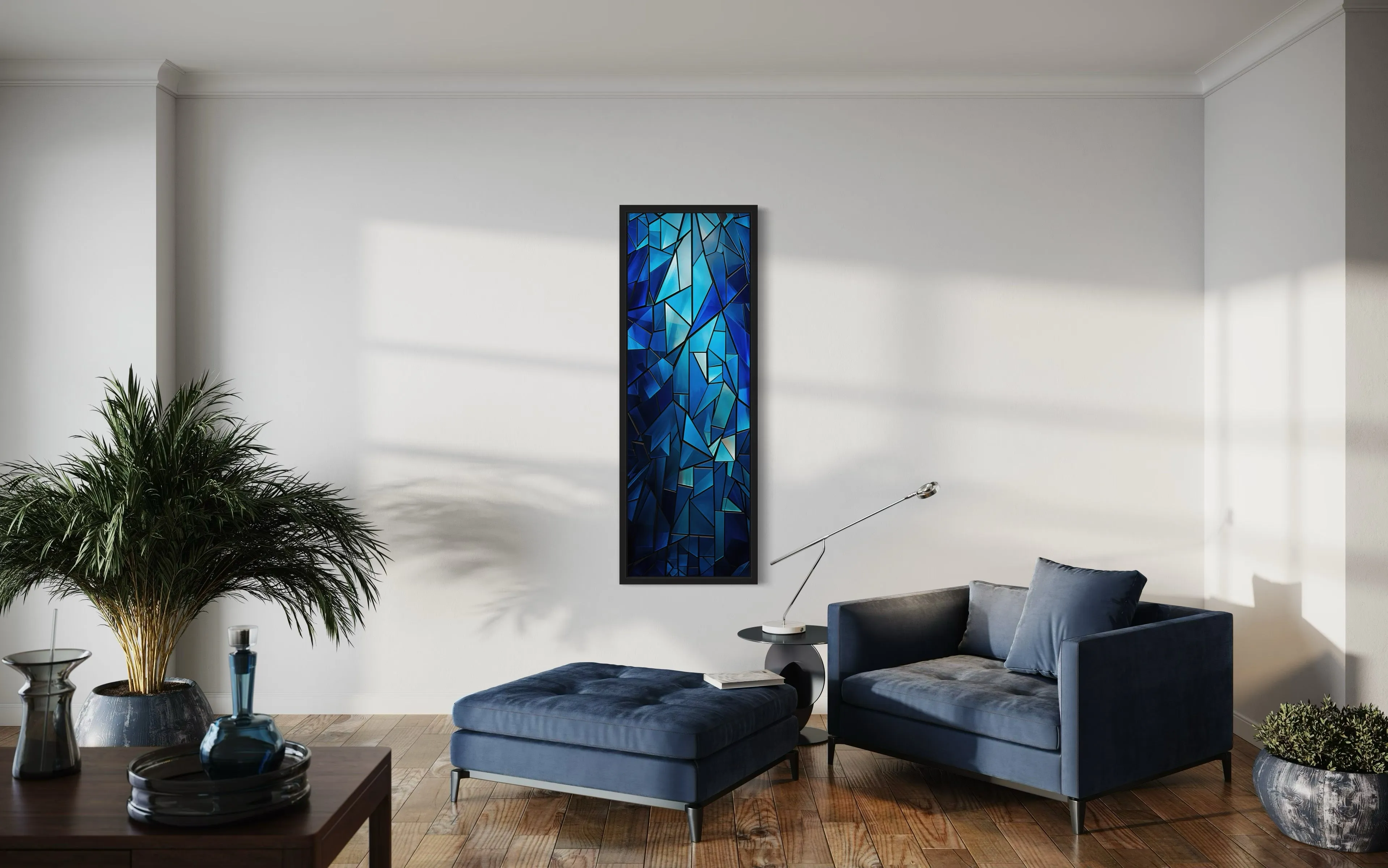 Long Narrow Navy Blue Kaleidoscope Mosaic Abstract Vertical Framed Canvas Wall Art