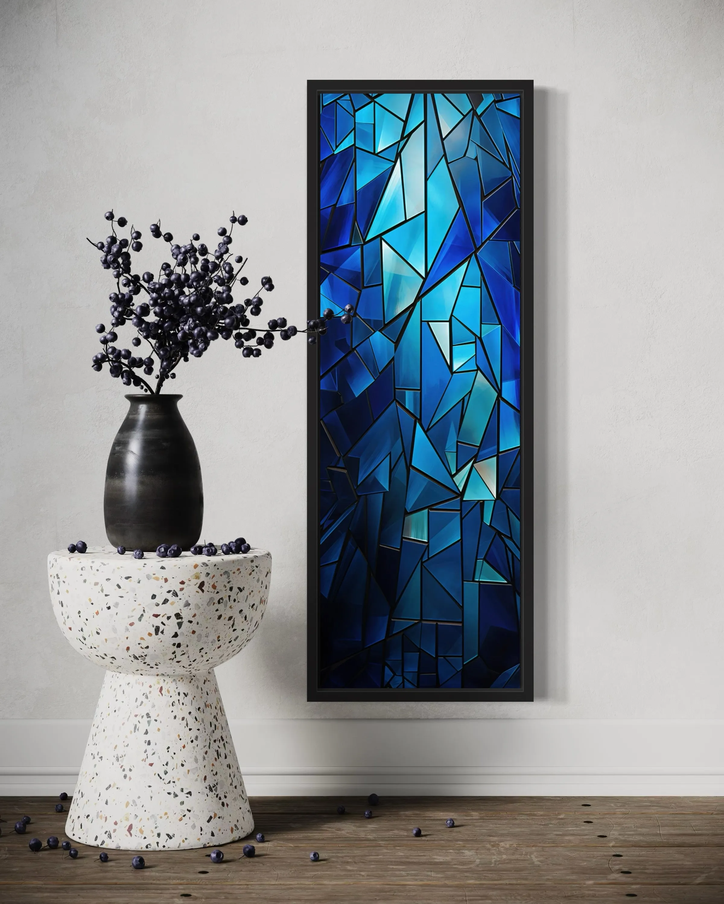 Long Narrow Navy Blue Kaleidoscope Mosaic Abstract Vertical Framed Canvas Wall Art