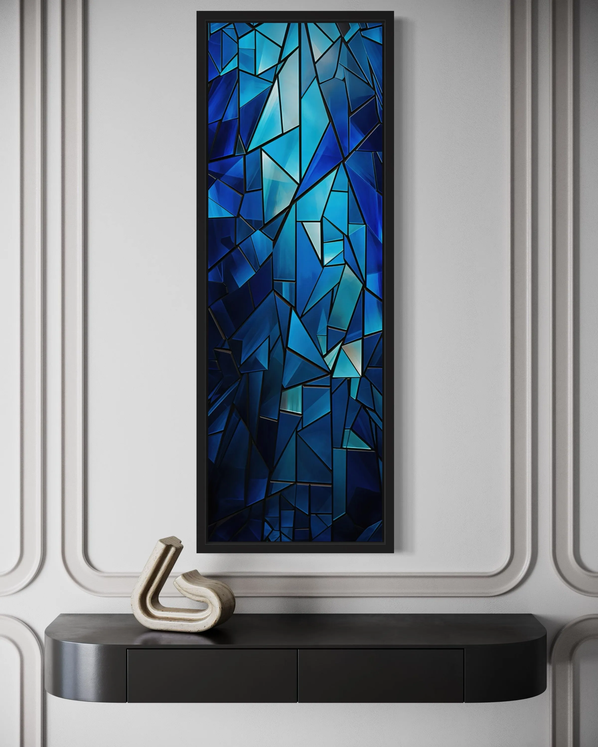 Long Narrow Navy Blue Kaleidoscope Mosaic Abstract Vertical Framed Canvas Wall Art