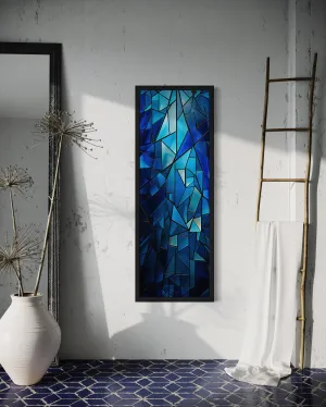 Long Narrow Navy Blue Kaleidoscope Mosaic Abstract Vertical Framed Canvas Wall Art
