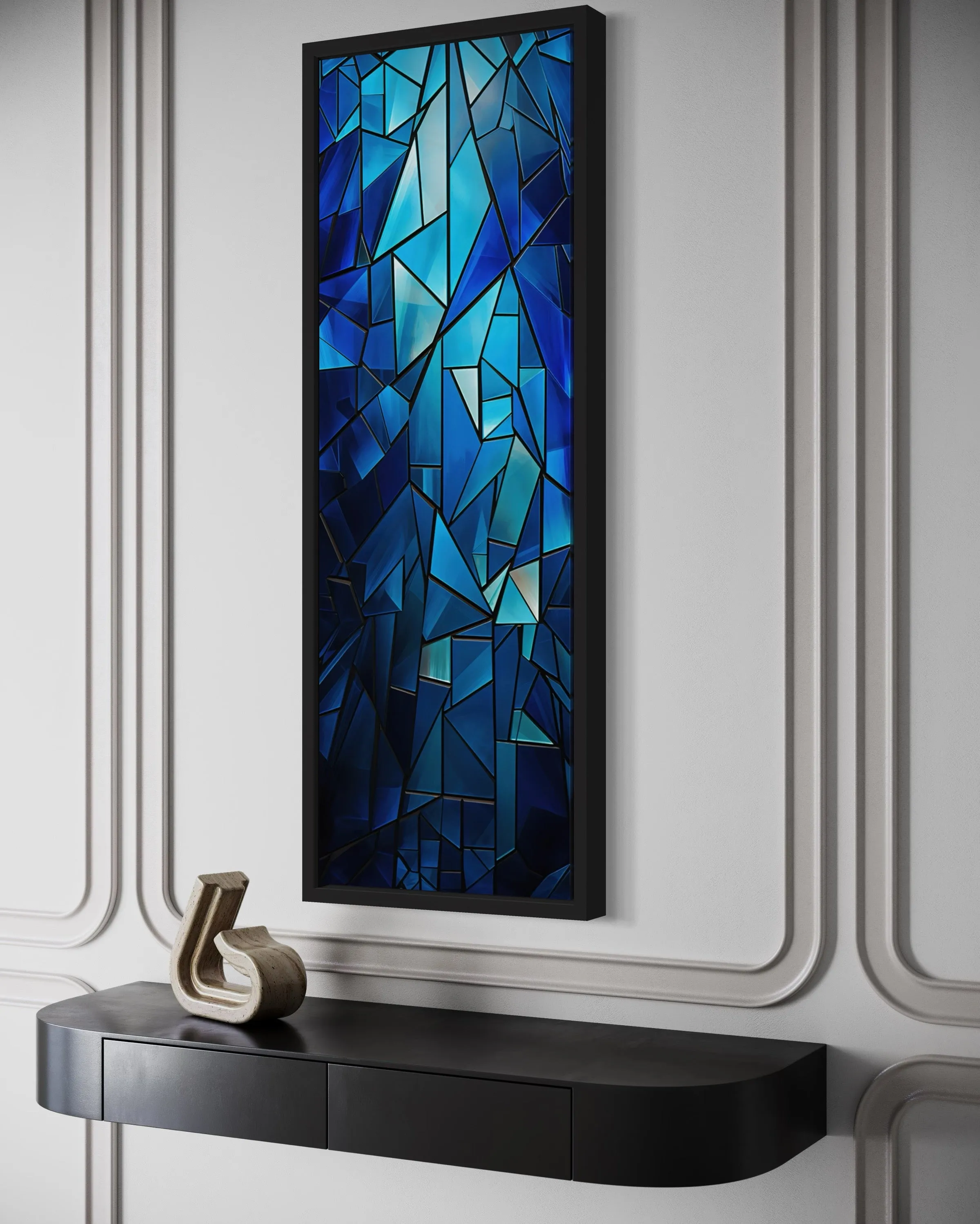 Long Narrow Navy Blue Kaleidoscope Mosaic Abstract Vertical Framed Canvas Wall Art