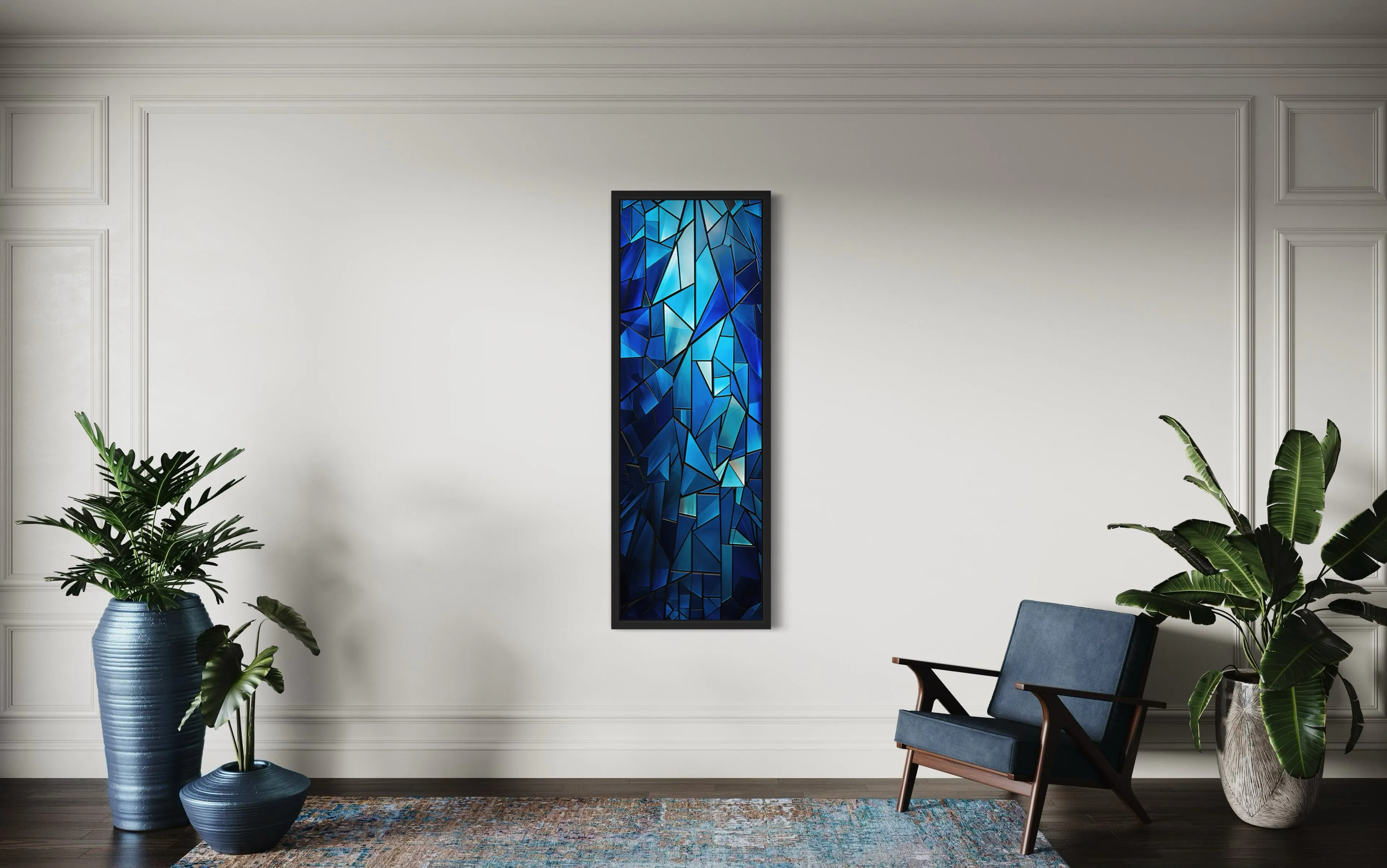 Long Narrow Navy Blue Kaleidoscope Mosaic Abstract Vertical Framed Canvas Wall Art