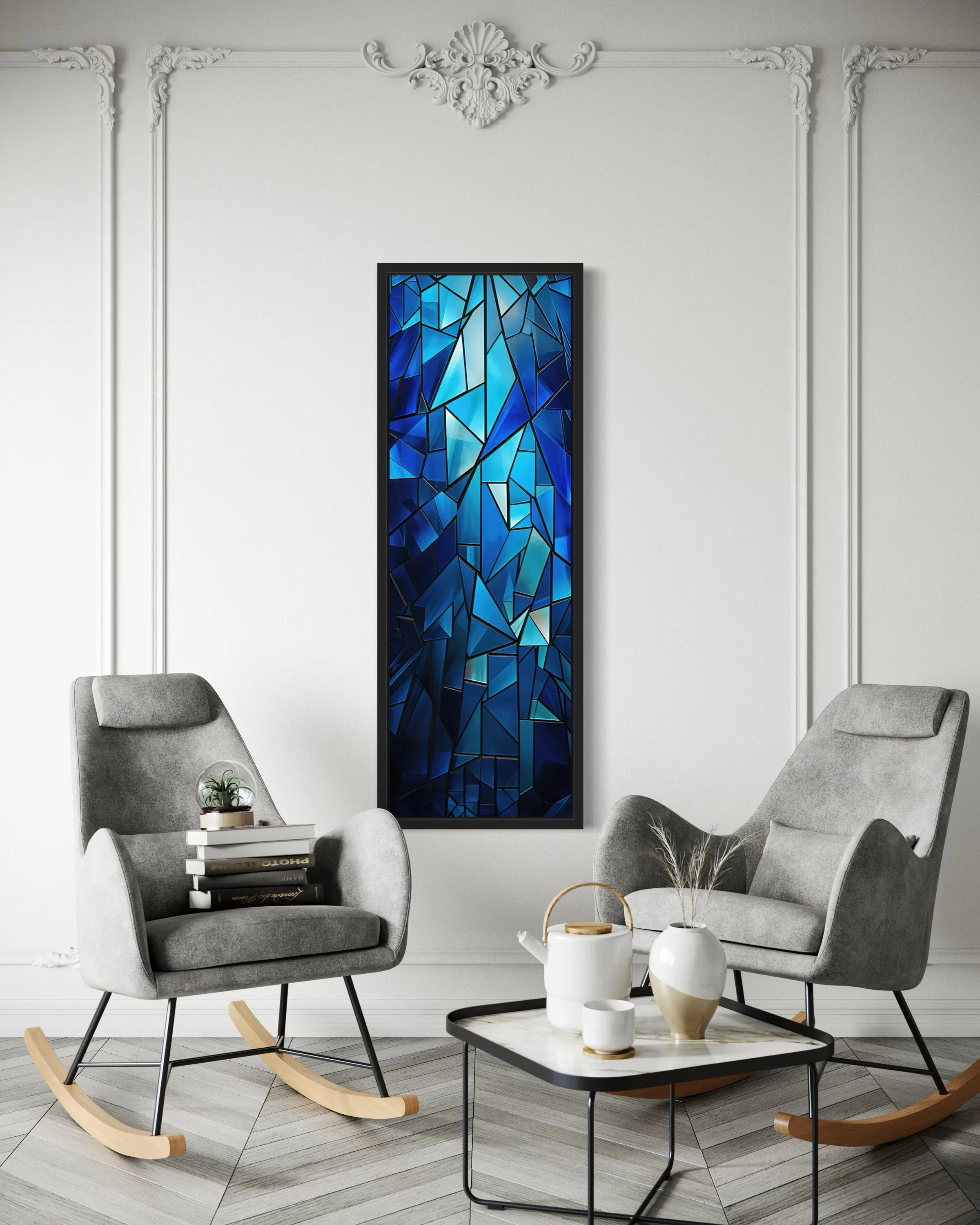 Long Narrow Navy Blue Kaleidoscope Mosaic Abstract Vertical Framed Canvas Wall Art